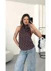Puantiyeli Sırt Dekolte Bluz - Kahve