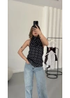 Puantiyeli Sırt Dekolte Bluz - Siyah
