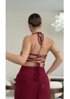 Alina Parıltılı Elbise - Bordo