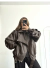 Angela Oversize Deri Ceket - Kahve
