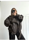 Angela Oversize Deri Ceket - Kahve