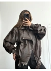 Angela Oversize Deri Ceket - Kahve
