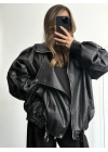 Angela Oversize Deri Ceket - Siyah