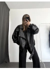 Angela Oversize Deri Ceket - Siyah