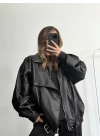 Angela Oversize Deri Ceket - Siyah