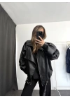 Angela Oversize Deri Ceket - Siyah