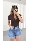 Avril Fermuarlı Bodysuit - Kahve