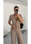 Blode Düğmeli Crop Takım - Bej