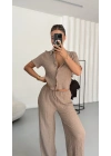 Blode Düğmeli Crop Takım - Bej