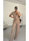 Blode Düğmeli Crop Takım - Bej