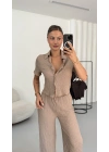 Blode Düğmeli Crop Takım - Bej