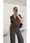 Blode Düğmeli Crop Takım - Kahve