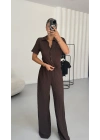 Blode Düğmeli Crop Takım - Kahve