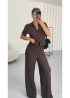 Blode Düğmeli Crop Takım - Kahve