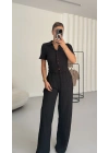 Blode Düğmeli Crop Takım - Siyah