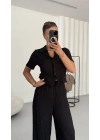 Blode Düğmeli Crop Takım - Siyah