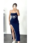 Casual Yırtmaçlı Elbise - Lacivert