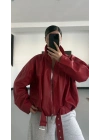 Coldy Kemerli Deri Ceket - Kırmızı