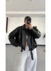 Coldy Kemerli Deri Ceket - Siyah