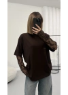 Dantel Kol Detay Tshirt - Kahve