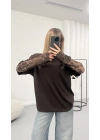 Dantel Kol Detay Tshirt - Kahve
