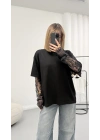 Dantel Kol Detay Tshirt - Siyah
