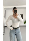 Dantelli Transparan Bluz- Beyaz