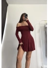 Emma Pileli Elbise - Bordo
