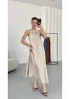 Gia Halter Yaka Elbise - Bej