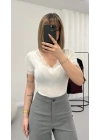 Hola V Yaka Dantelli Crop - Beyaz