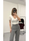 Hola V Yaka Dantelli Crop - Beyaz
