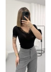 Hola V Yaka Dantelli Crop - Siyah