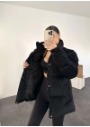 Kadife Puffer Mont - Siyah