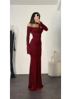 Kayık Yaka Balık Elbise - Bordo