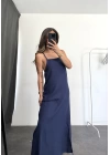 Keten Maxi Elbise -Lacivert