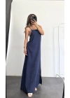 Keten Maxi Elbise -Lacivert