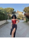 Saten Korse Crop-Kırmızı
