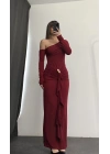 Lena Tek Omuz Tokalı Elbise - Bordo