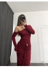 Lena Tek Omuz Tokalı Elbise - Bordo
