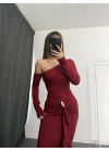 Lena Tek Omuz Tokalı Elbise - Bordo
