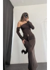 Lena Tek Omuz Tokalı Elbise - Kahve