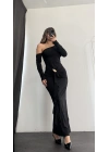 Lena Tek Omuz Tokalı Elbise - Siyah