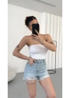 Lexi Gloplu Puantiyeli Crop - Beyaz