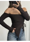 Loli Kayık Yaka Crop - Kahve