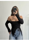 Loli Kayık Yaka Crop - Siyah