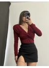 Malika Vatkalı Kruvaze Bluz - Bordo