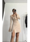 Mini Yırtmaçlı Elbise - Bej