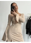 Mini Yırtmaçlı Elbise - Bej