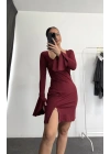 Mini Yırtmaçlı Elbise - Bordo