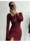 Mini Yırtmaçlı Elbise - Bordo